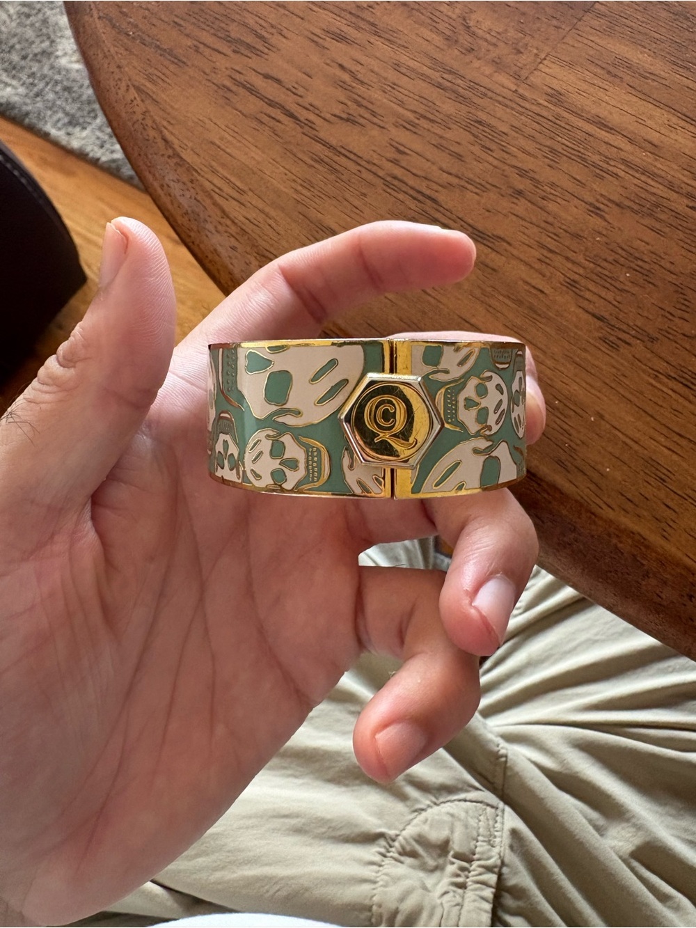 Alexander McQueen green and gold enamel skull wide hinged bangle cuff bracelet